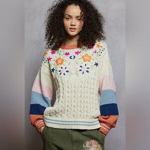 NWT Pol Floral Embroidered Color Block Chenille Sweater Balloon Sleeve Relaxed
